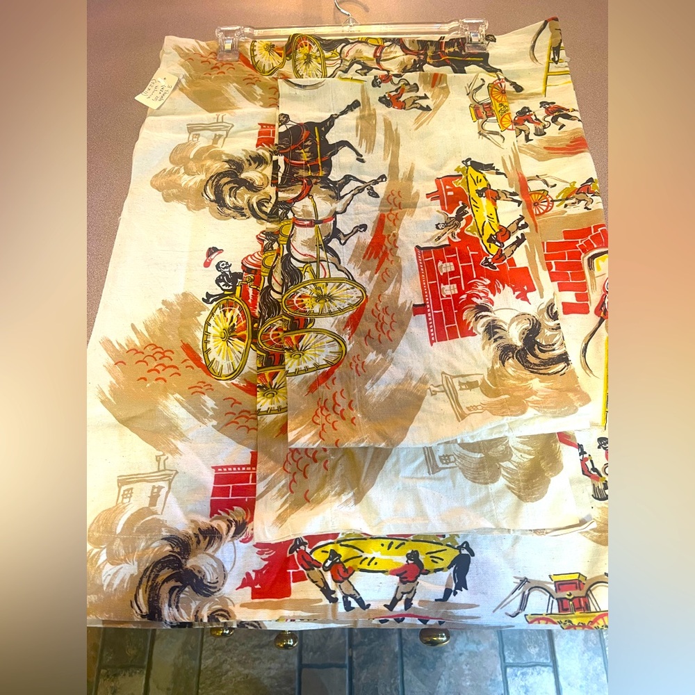 Vintage 1950’s Western Firefighter Print Handmade  curtains very unique rarefind